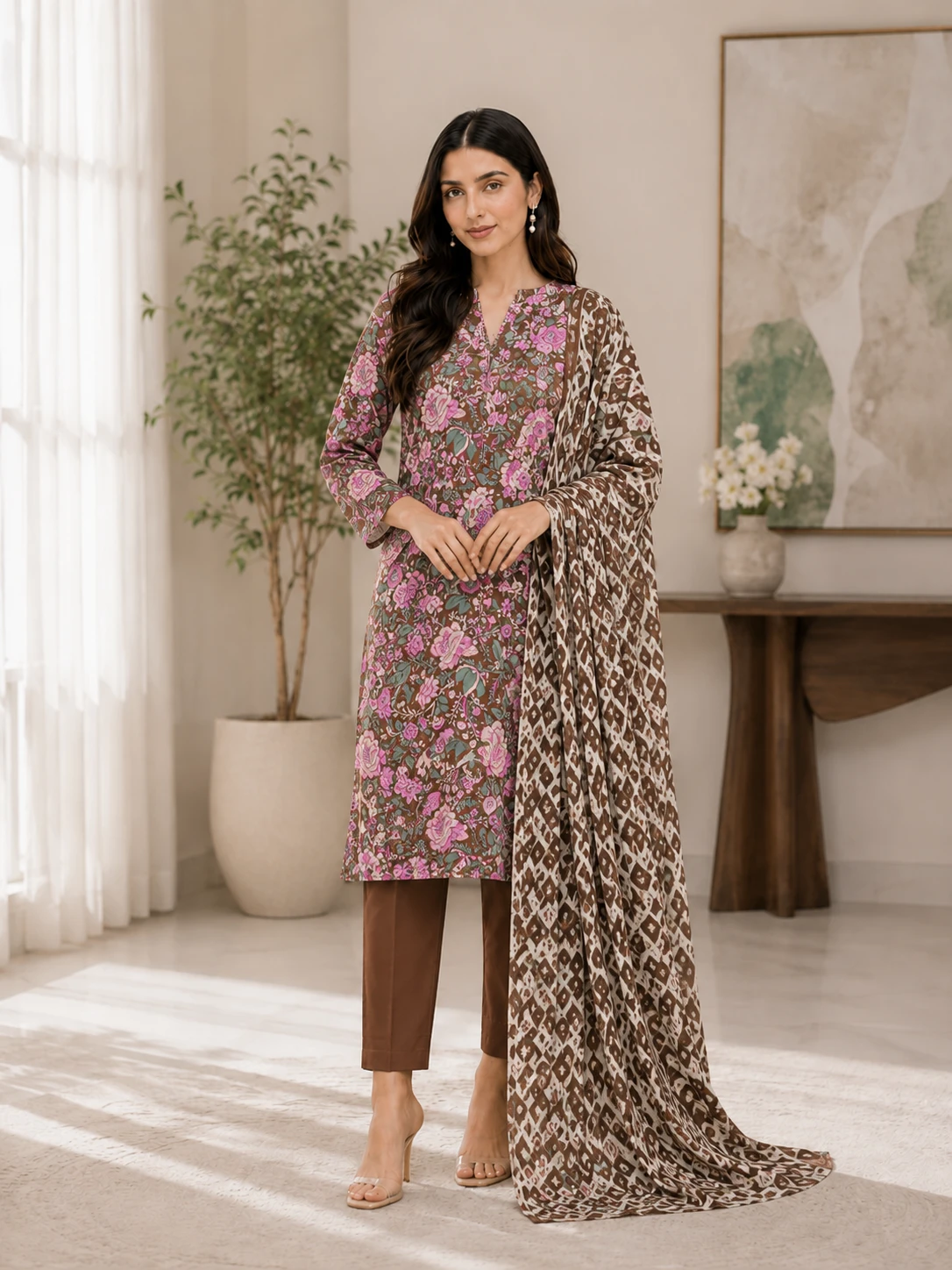 Brown Floral Lawn 3 Piece Unstitched Suit with Printed Dupatta | Elegant Summer Collection