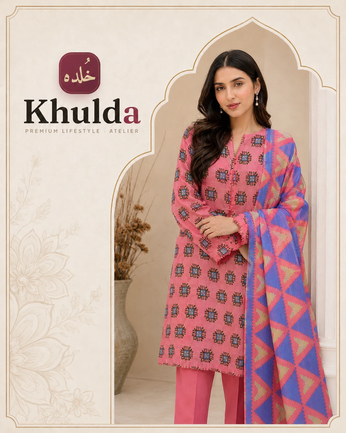 Khulda Pink Printed 3-Piece Suit with Geometric Dupatta