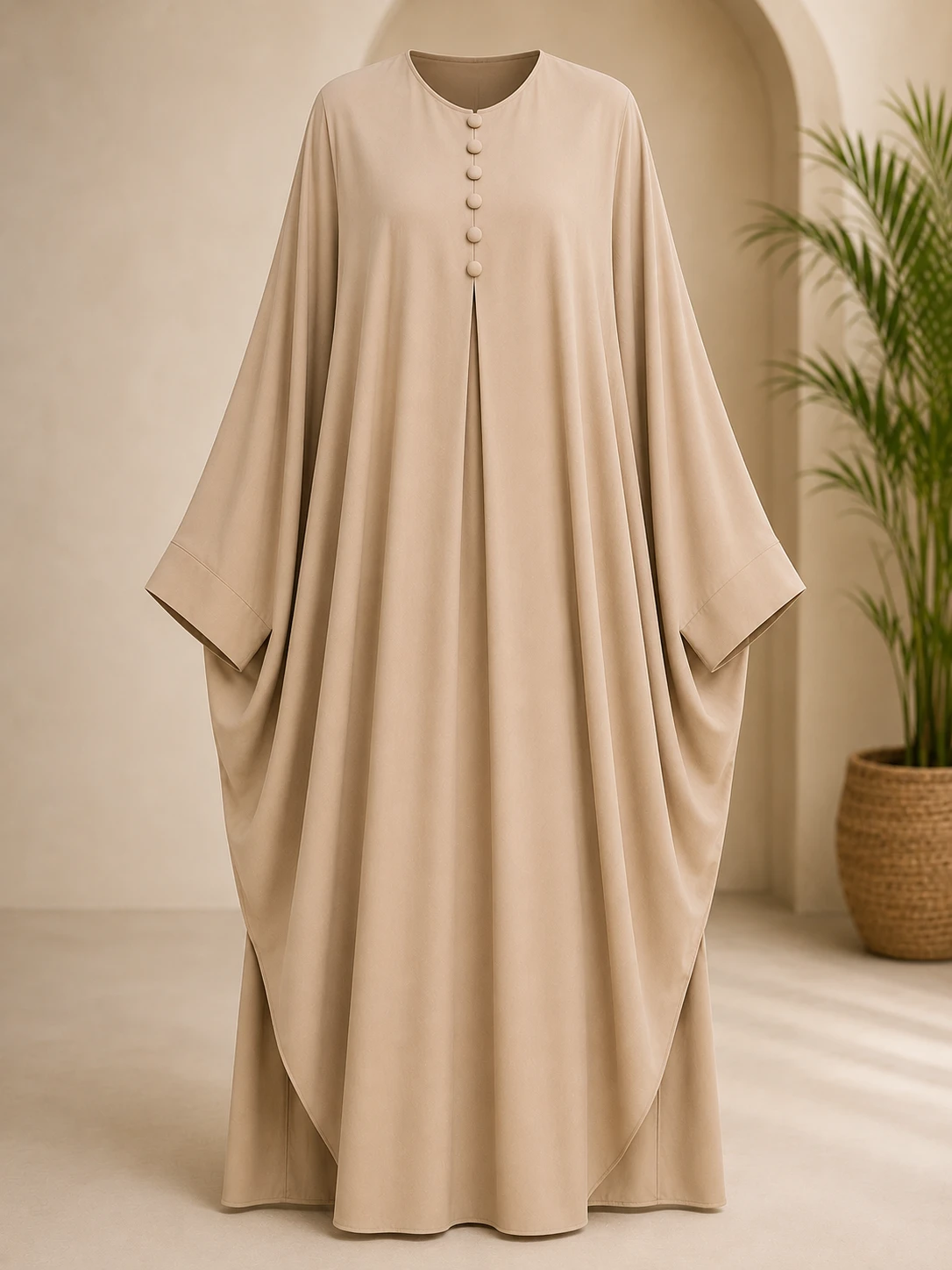 Beige Button Front Closed Abaya for Women | Elegant Modest Kaftan Abaya
