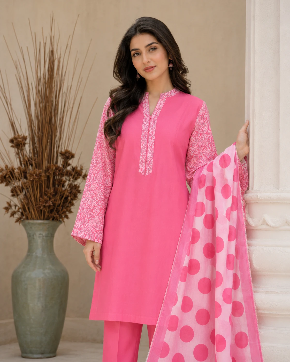 Khulda Pink 3 Piece Suit with Printed Dupatta | Premium Lifestyle