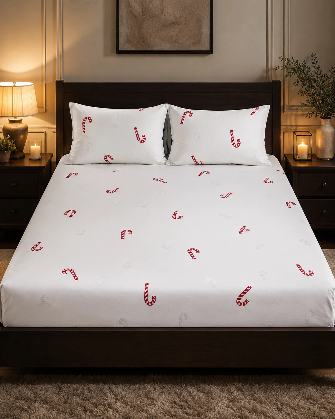 Candy Cane Printed Bedsheet Set with Pillow Covers