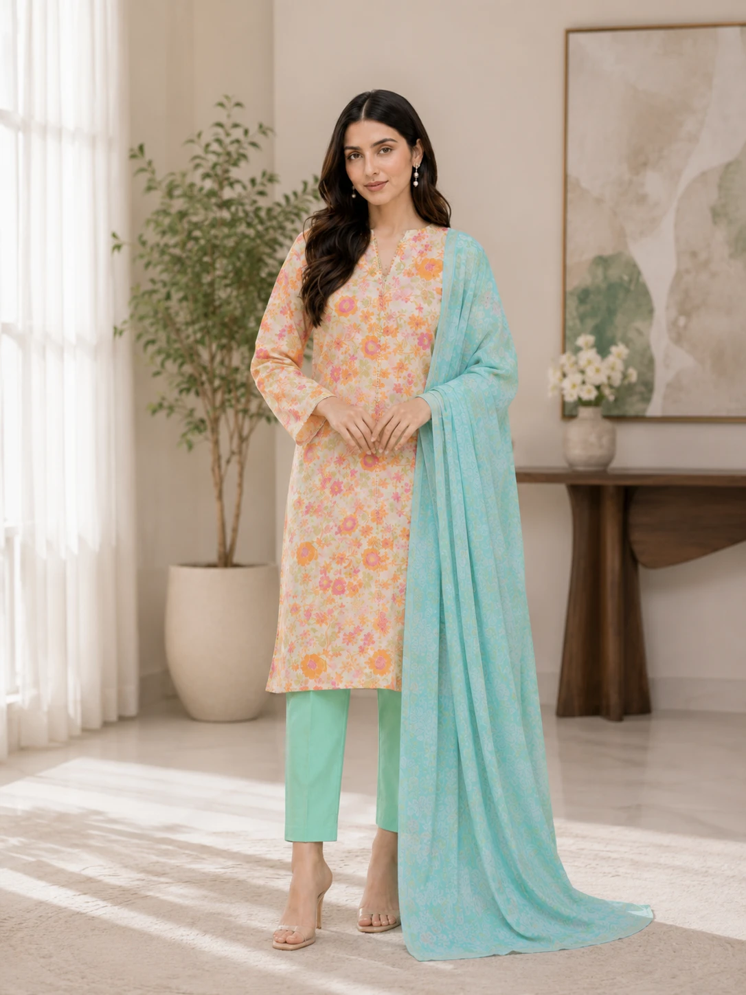 Pastel Floral Lawn 3 Piece Unstitched Suit with Aqua Blue Dupatta | Elegant Summer Collection