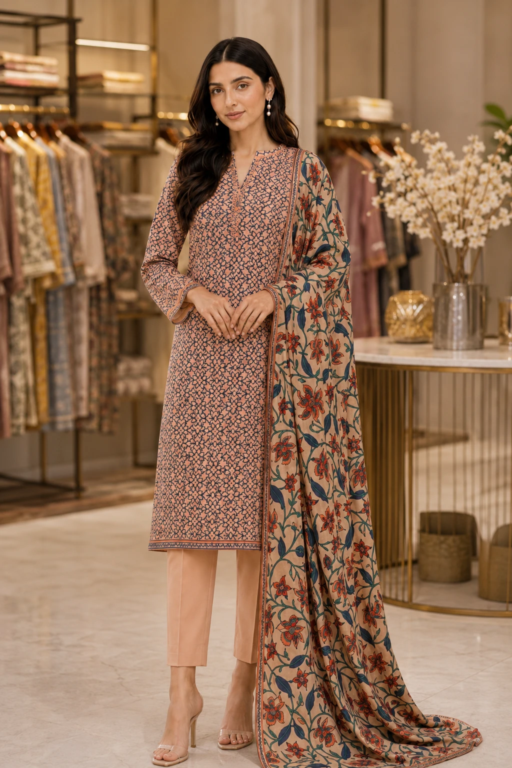 Peach Printed Lawn 3 Piece Unstitched Suit with Floral Dupatta | Elegant Women's Collection