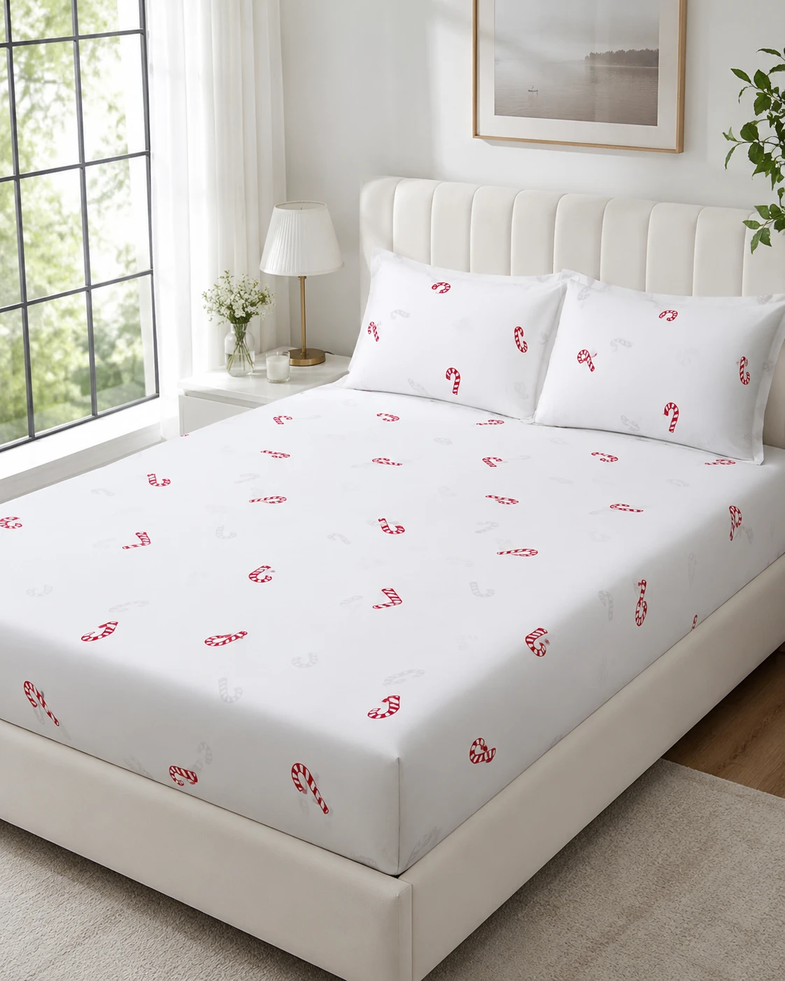 Candy Cane Printed Bedsheet Set with Pillow Covers