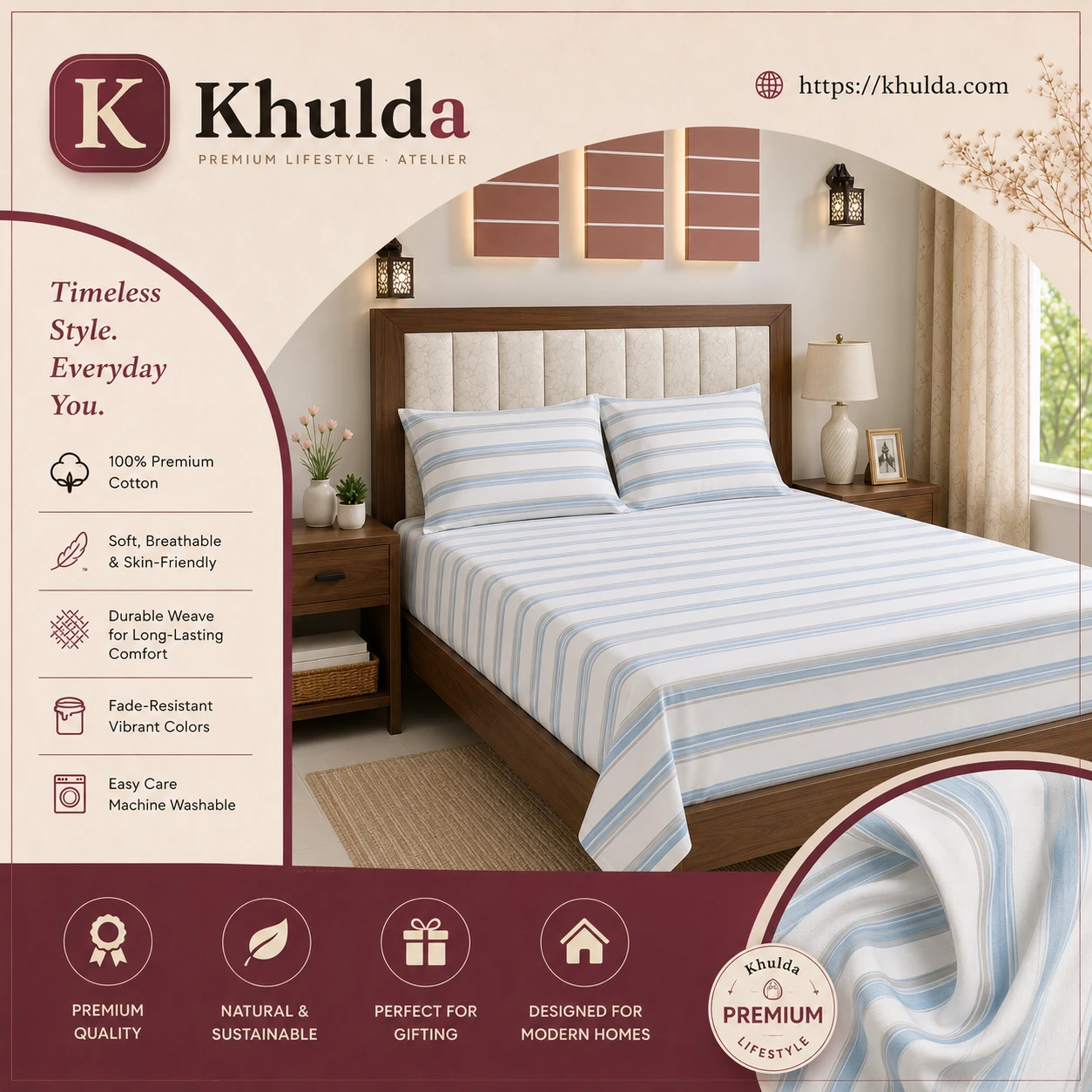 Premium Blue Striped Bedsheet Set with Pillow Covers
