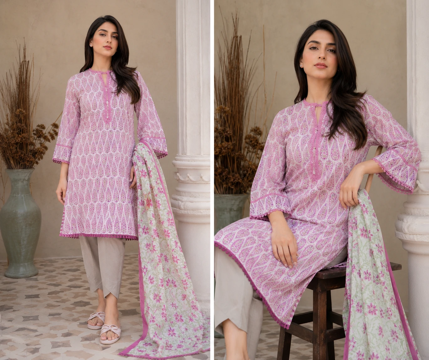 khulda 3 Piece Printed Lawn Suit | Pink Unstitched Dress