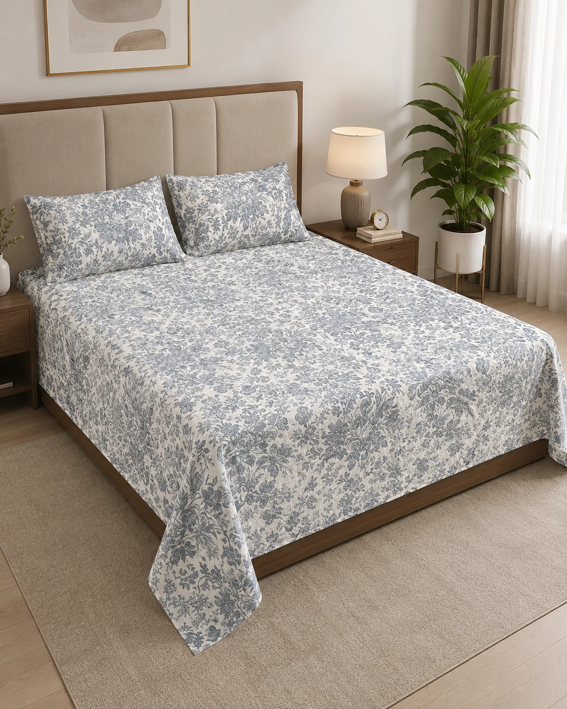Elegant Grey Floral Printed Bedsheet Set