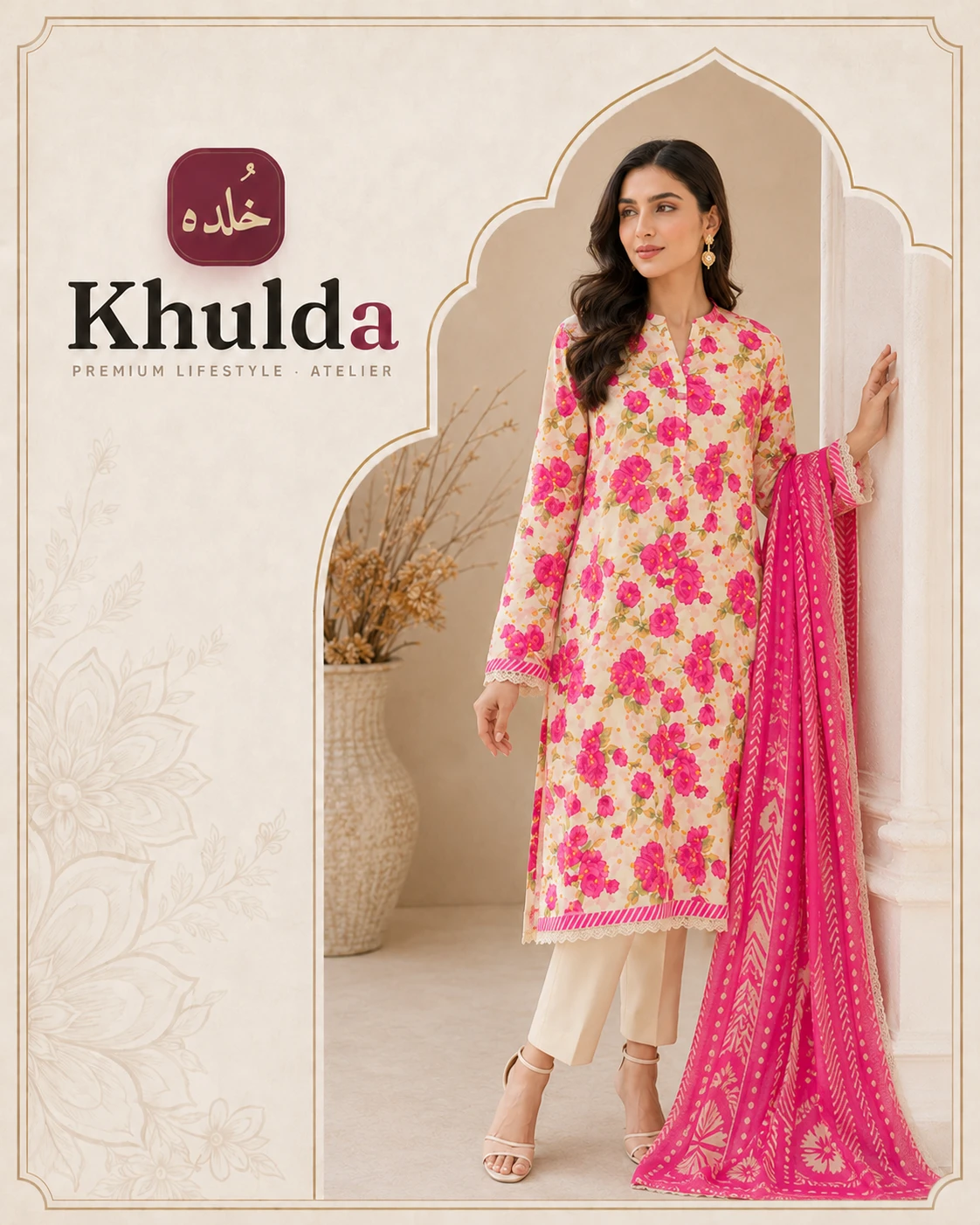 Khulda Cream Pink Floral 3-Piece Suit with Printed Dupatta
