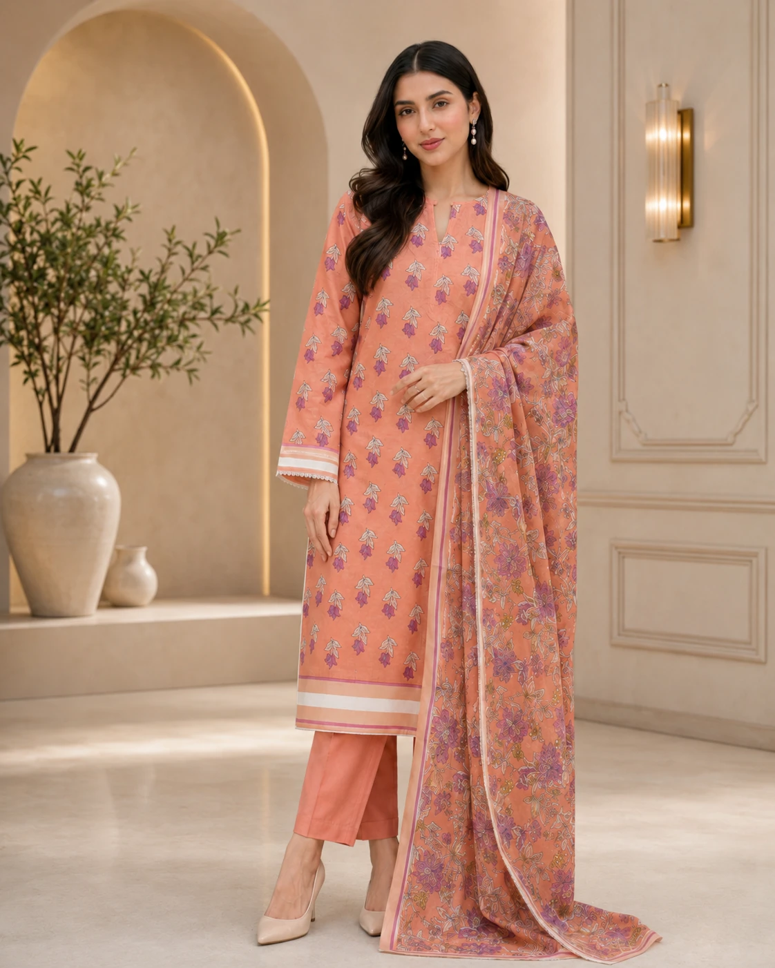 Khulda Peach Floral 3 Piece Printed Lawn Suit