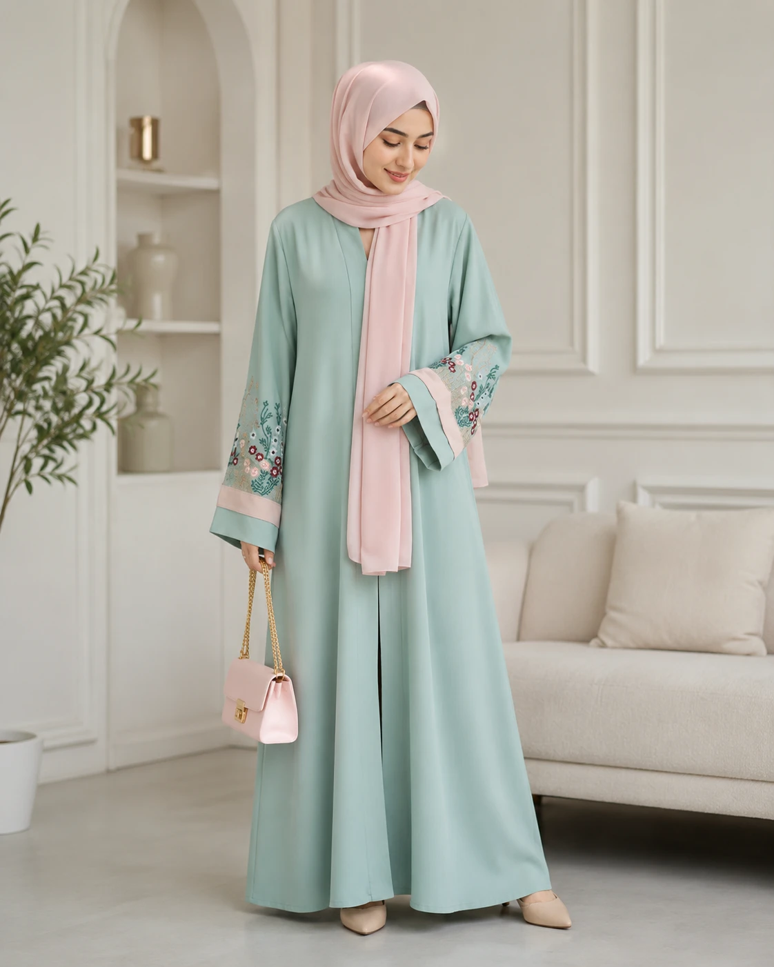 Mint Green Open Abaya with Floral Embroidered Sleeves