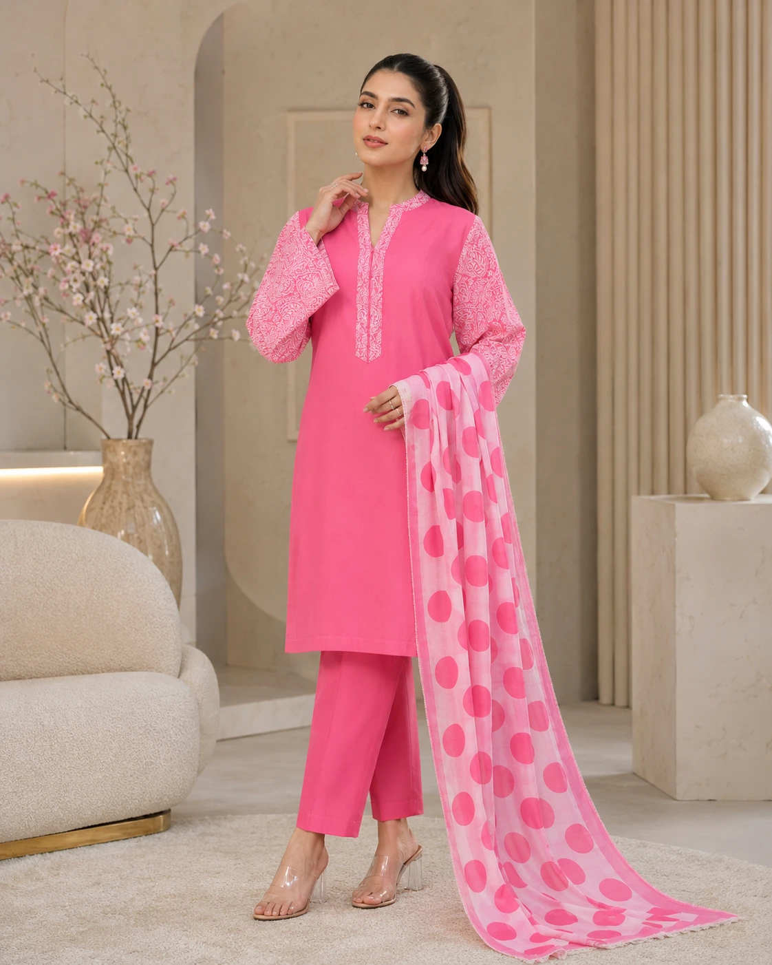Khulda Pink 3 Piece Suit with Printed Dupatta | Premium Lifestyle
