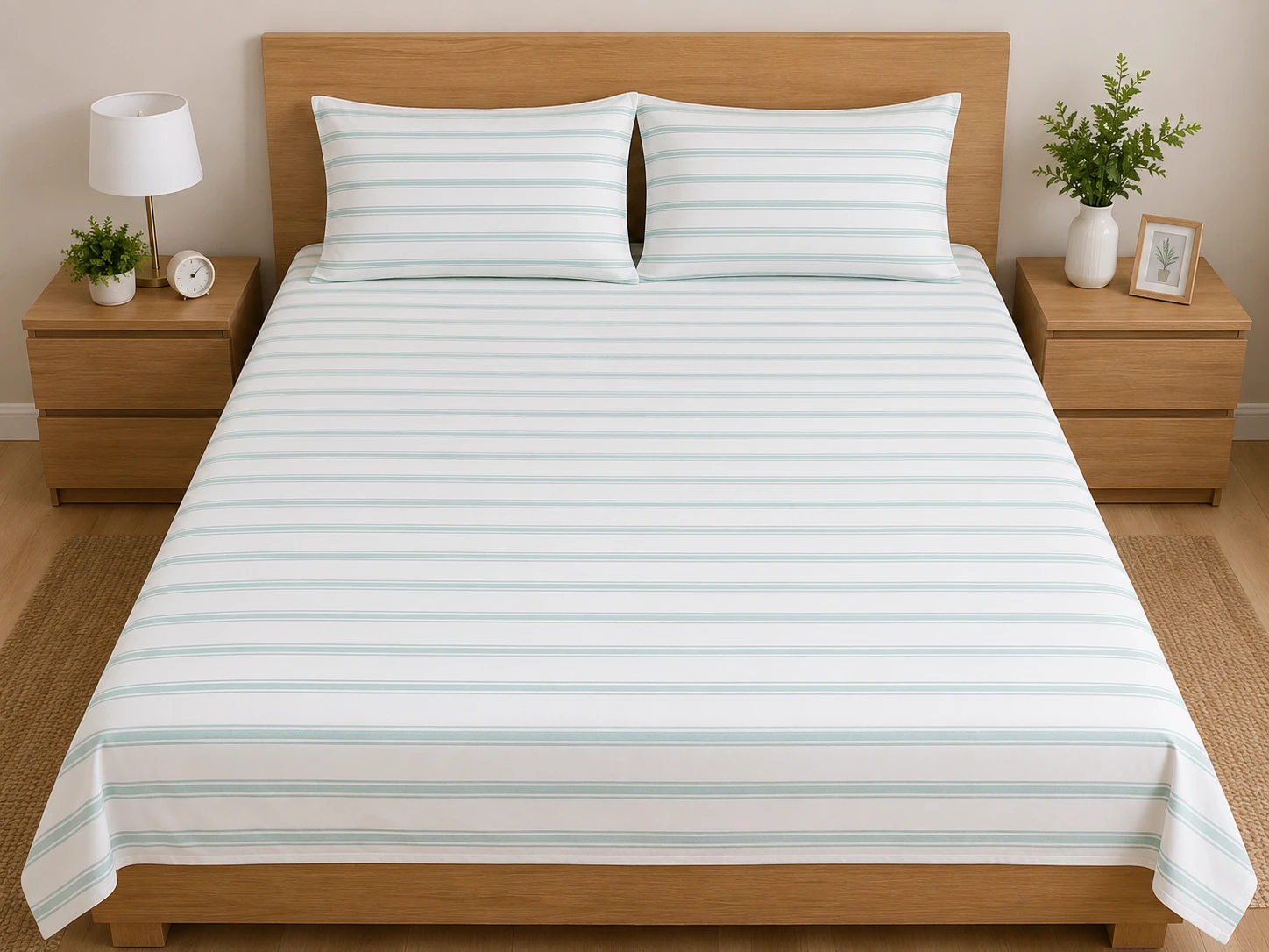 Elegant White & Aqua Striped Bedsheet
