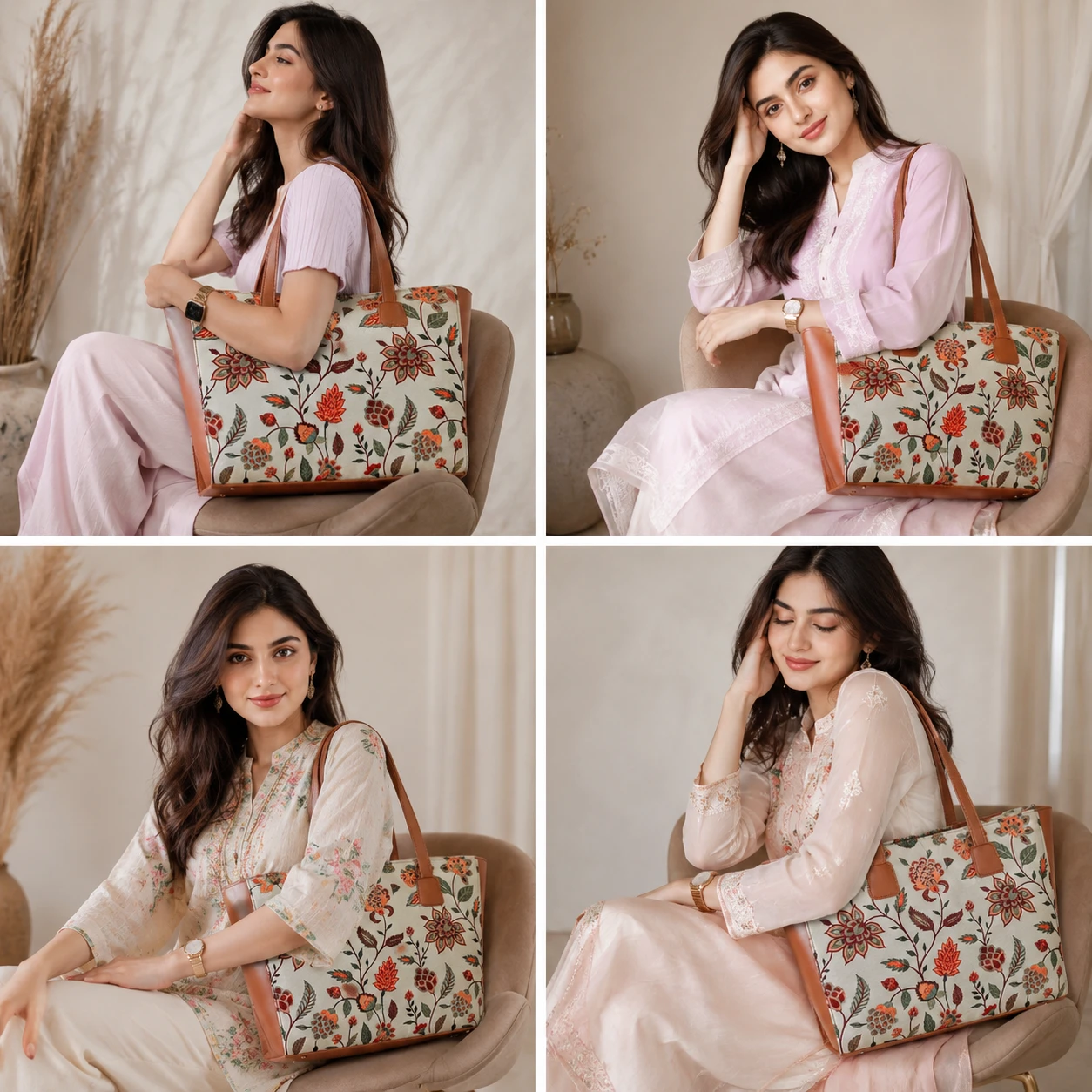 Floral Print Tote Handbag with Brown Leather Straps