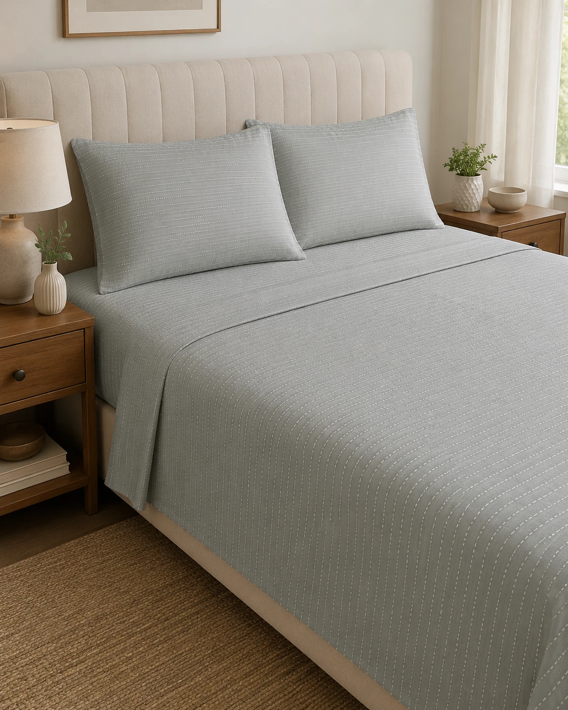 Grey Dotted Stripe Bedsheet Set with Pillow Covers