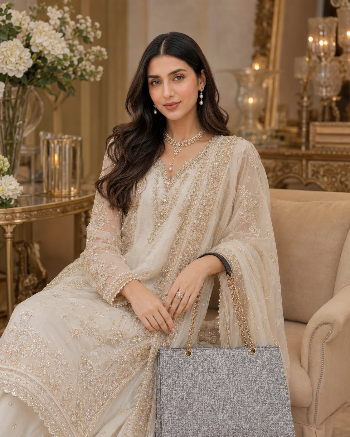 Silver Embellished Handbag with Gold Chain Strap