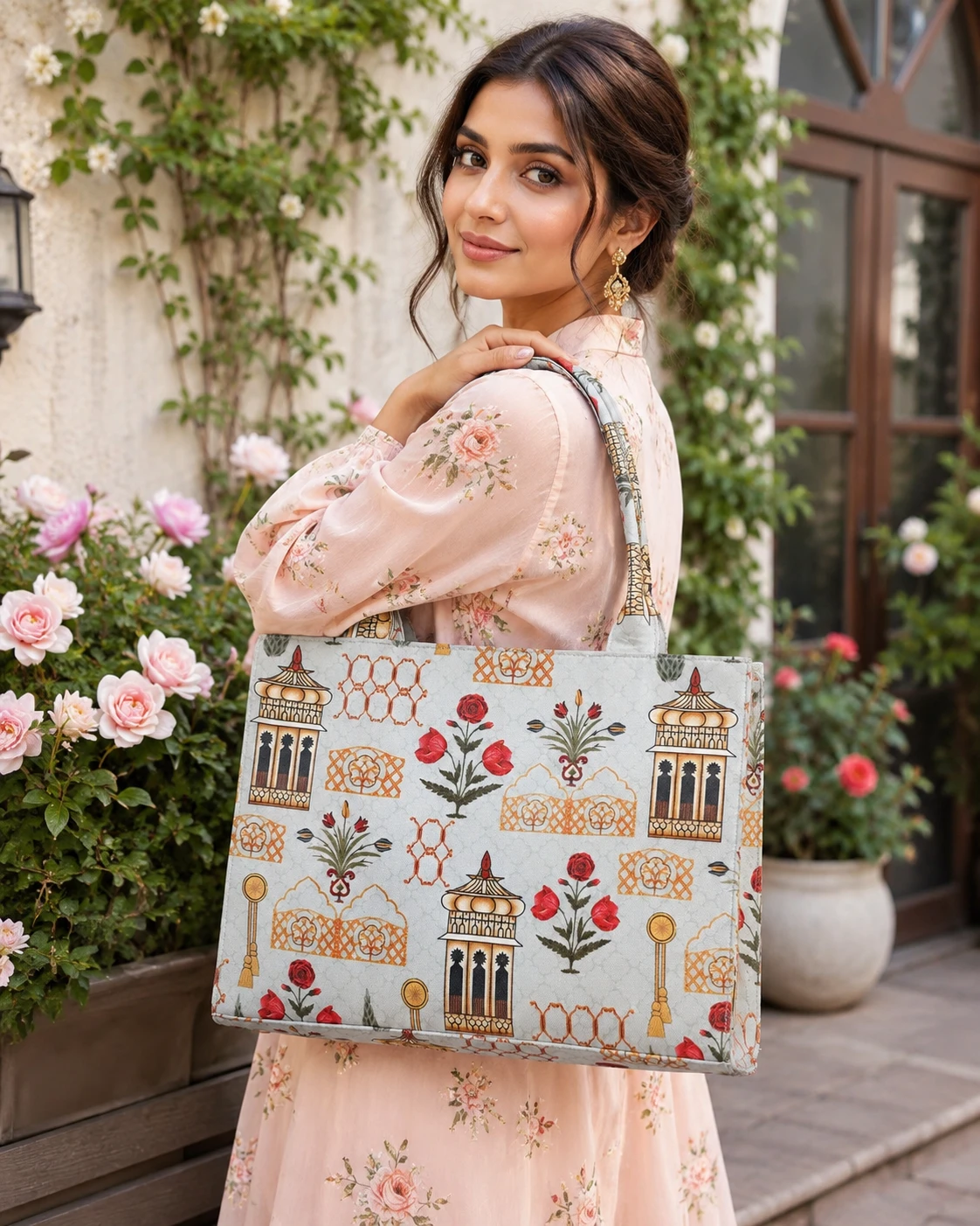 Light Blue Printed Tote Handbag for Women | Elegant Carry Bag