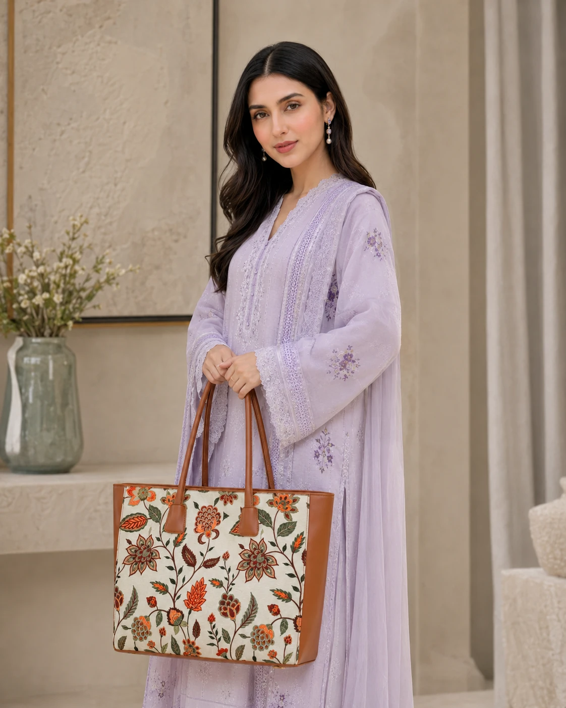 Floral Print Tote Handbag with Brown Leather Straps