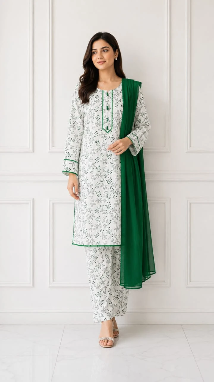 White Floral Kurta Set for 14 August Independence Day