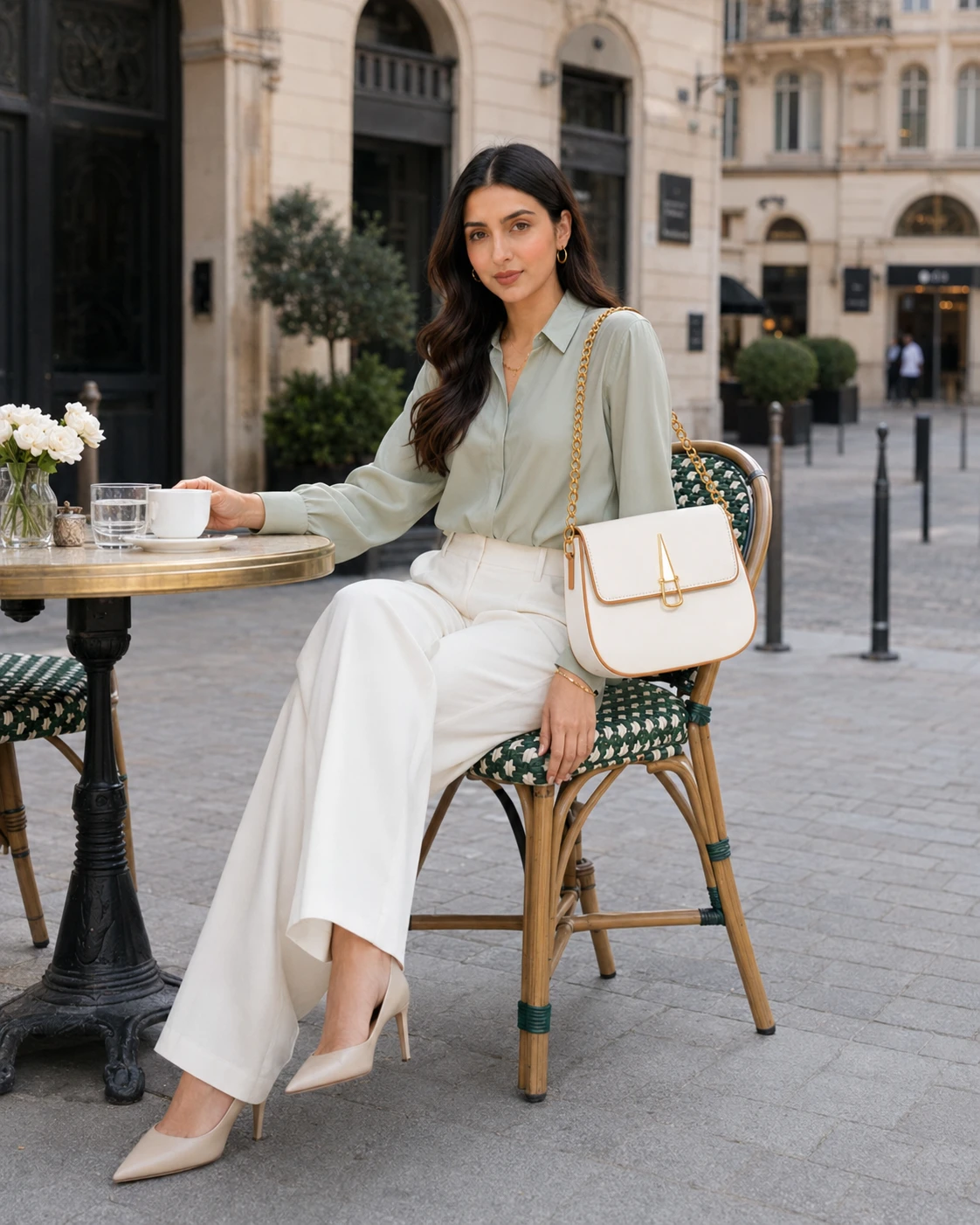 Elegant White Shoulder Handbag with Gold Chain Strap