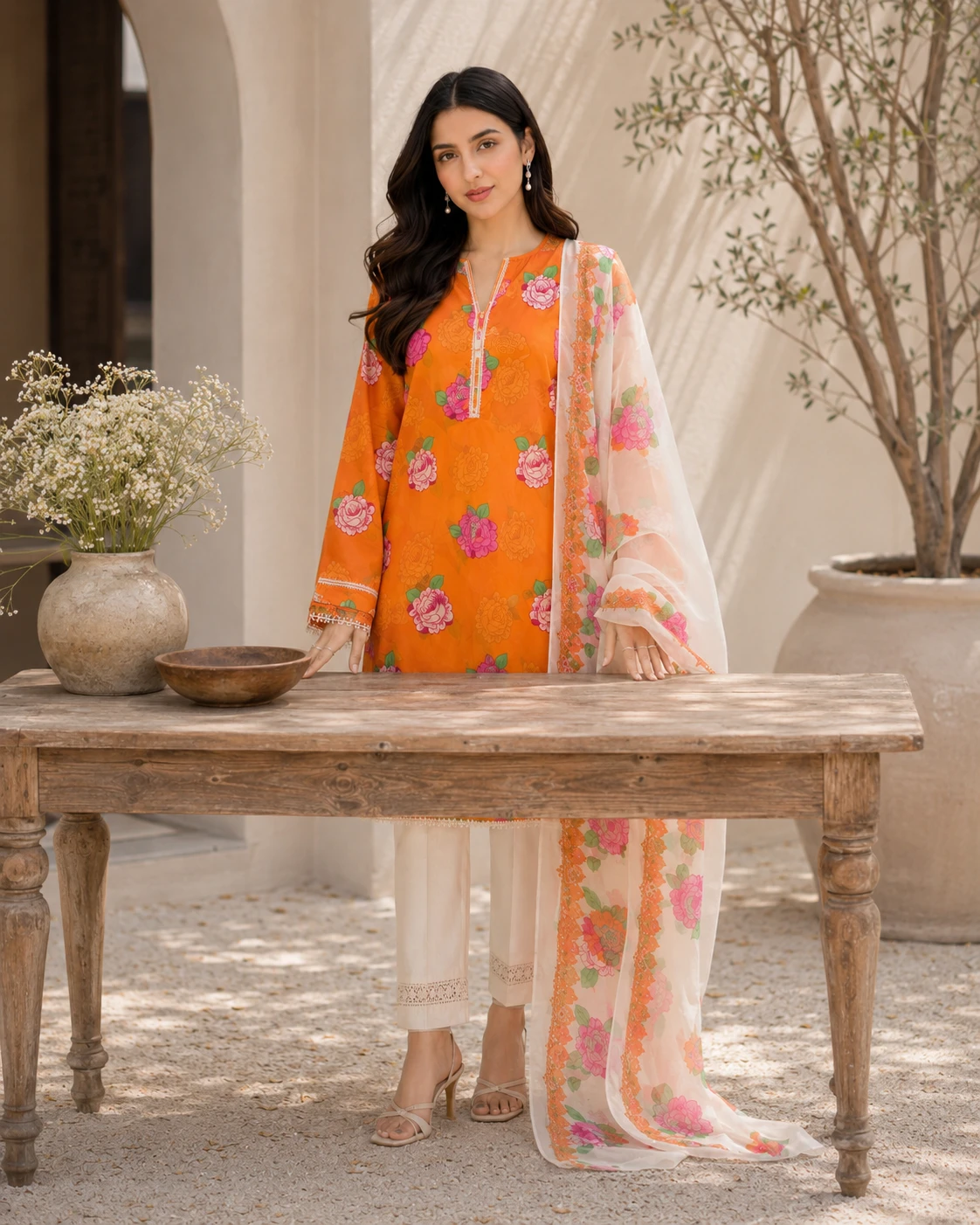 Khulda Orange Floral 3-Piece Suit with Dupatta