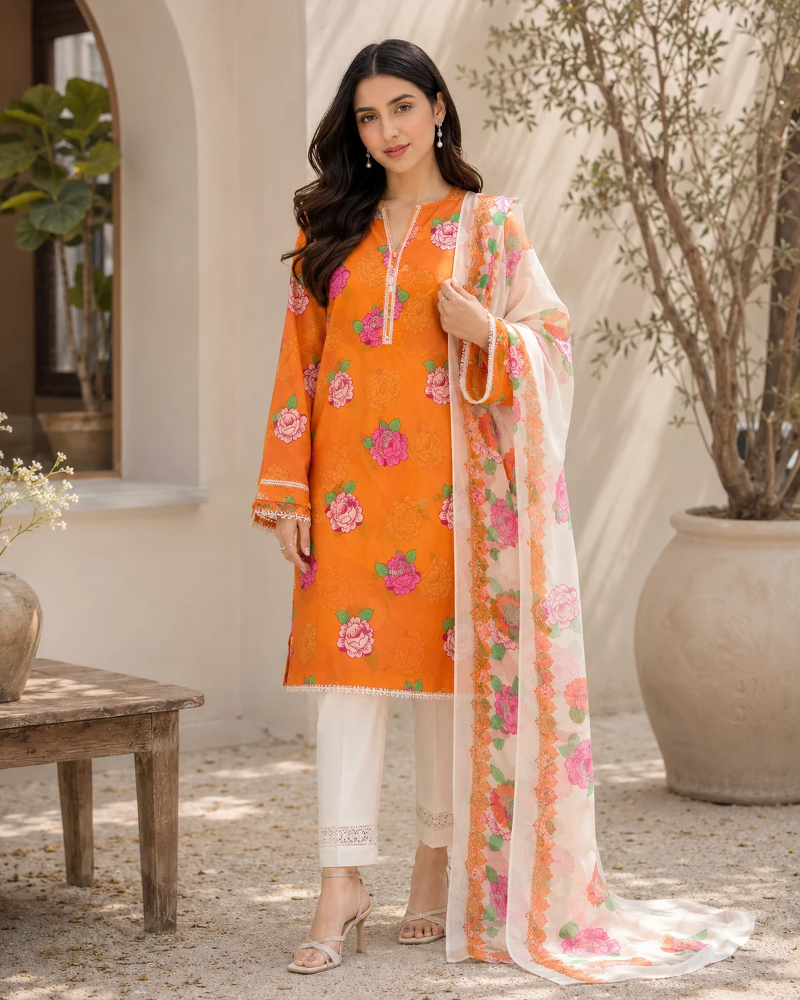 Khulda Orange Floral 3-Piece Suit with Dupatta