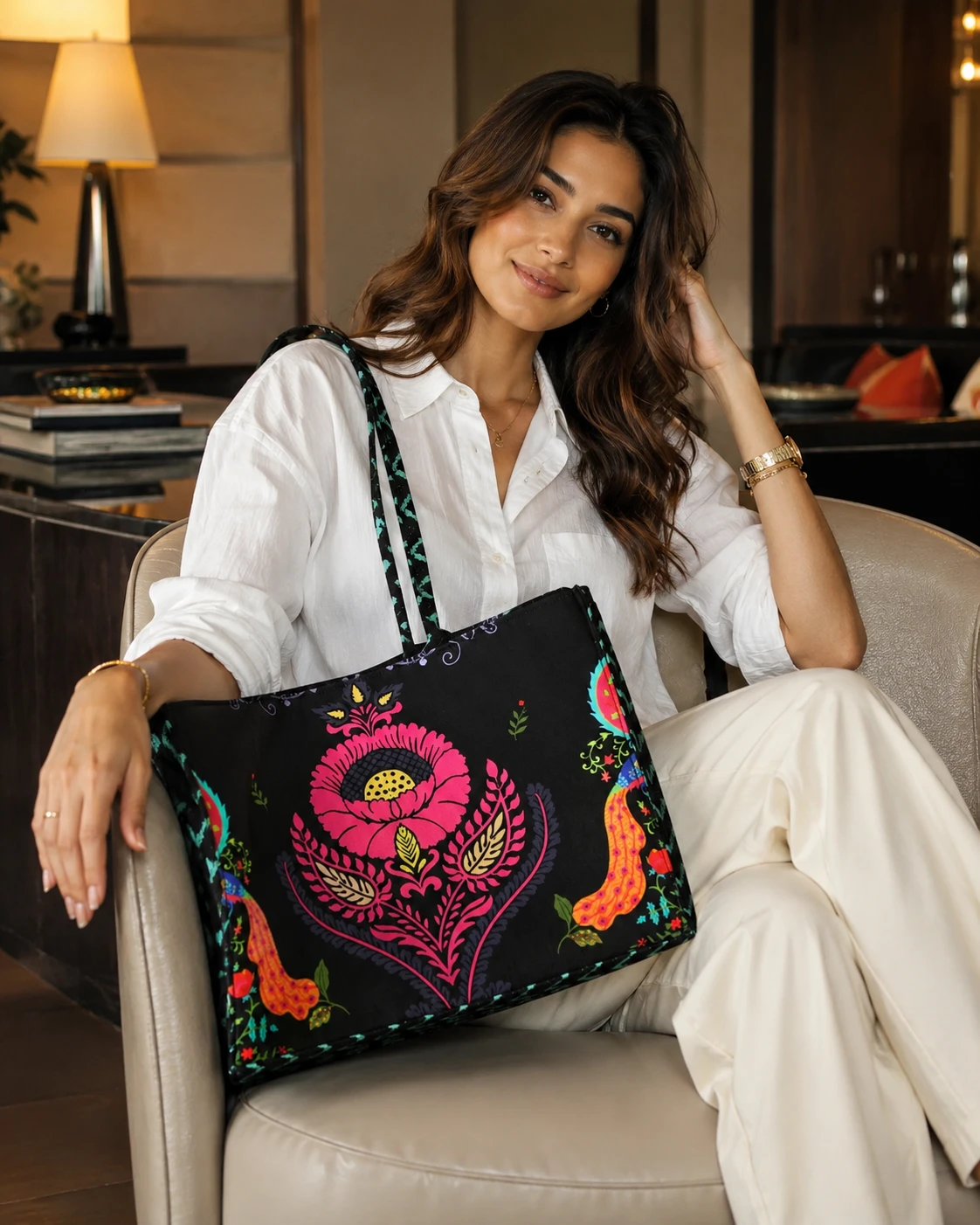 Black Floral Handbag – Stylish Printed Tote Bag for Women