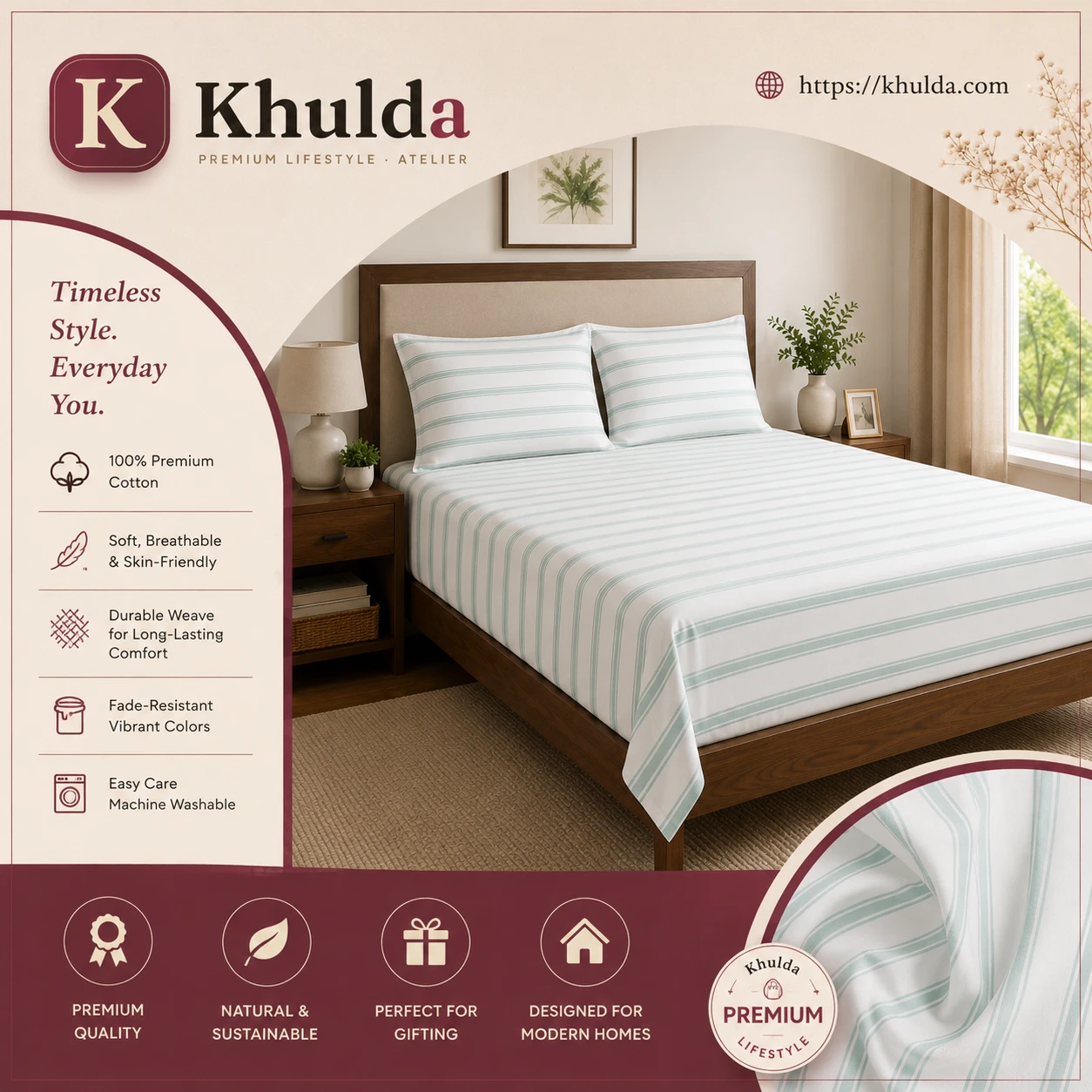 Elegant White & Aqua Striped Bedsheet