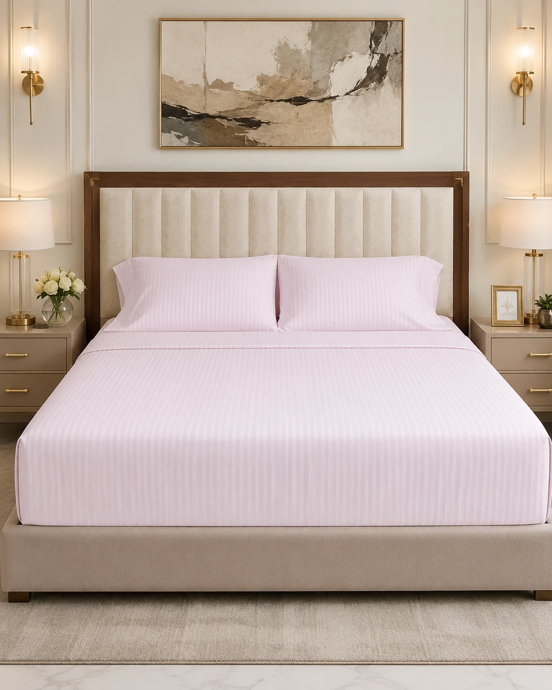 Light Pink Striped Bedsheet Set with Pillow Covers