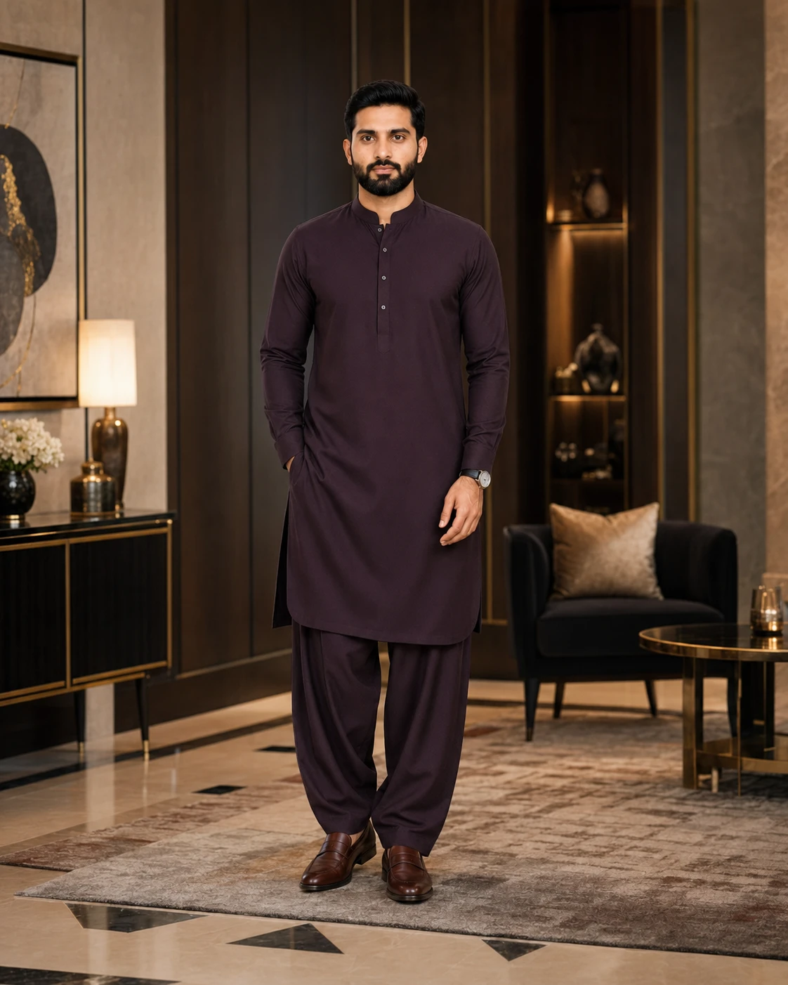 Men's Dark Plum Wash & Wear Shalwar Kameez | Premium Pakistani Traditional Suit