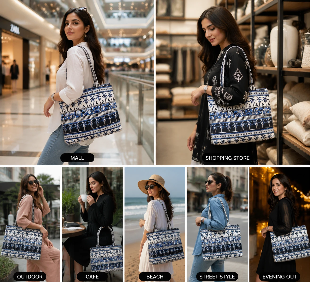Blue Palm Printed Tote Handbag for Women | Casual Shoulder Bag