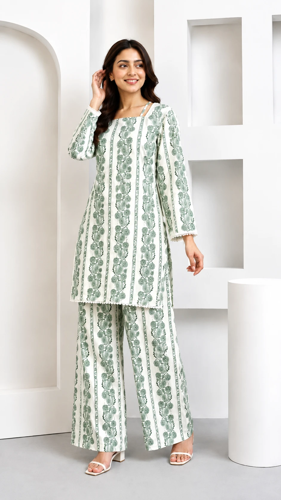 White Printed Cotton Kurta Palazzo Set for Women | Elegant 2 Piece Suit