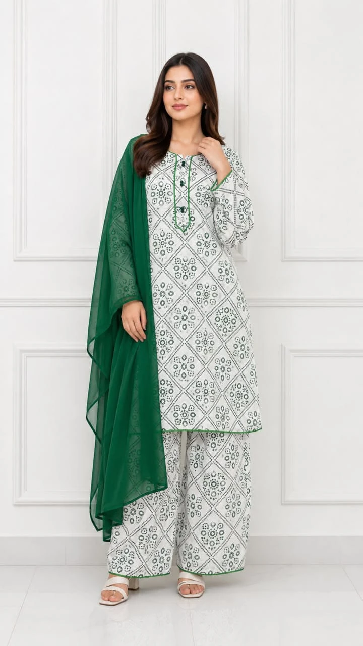 Green & White Printed Kurta Set for 14 August