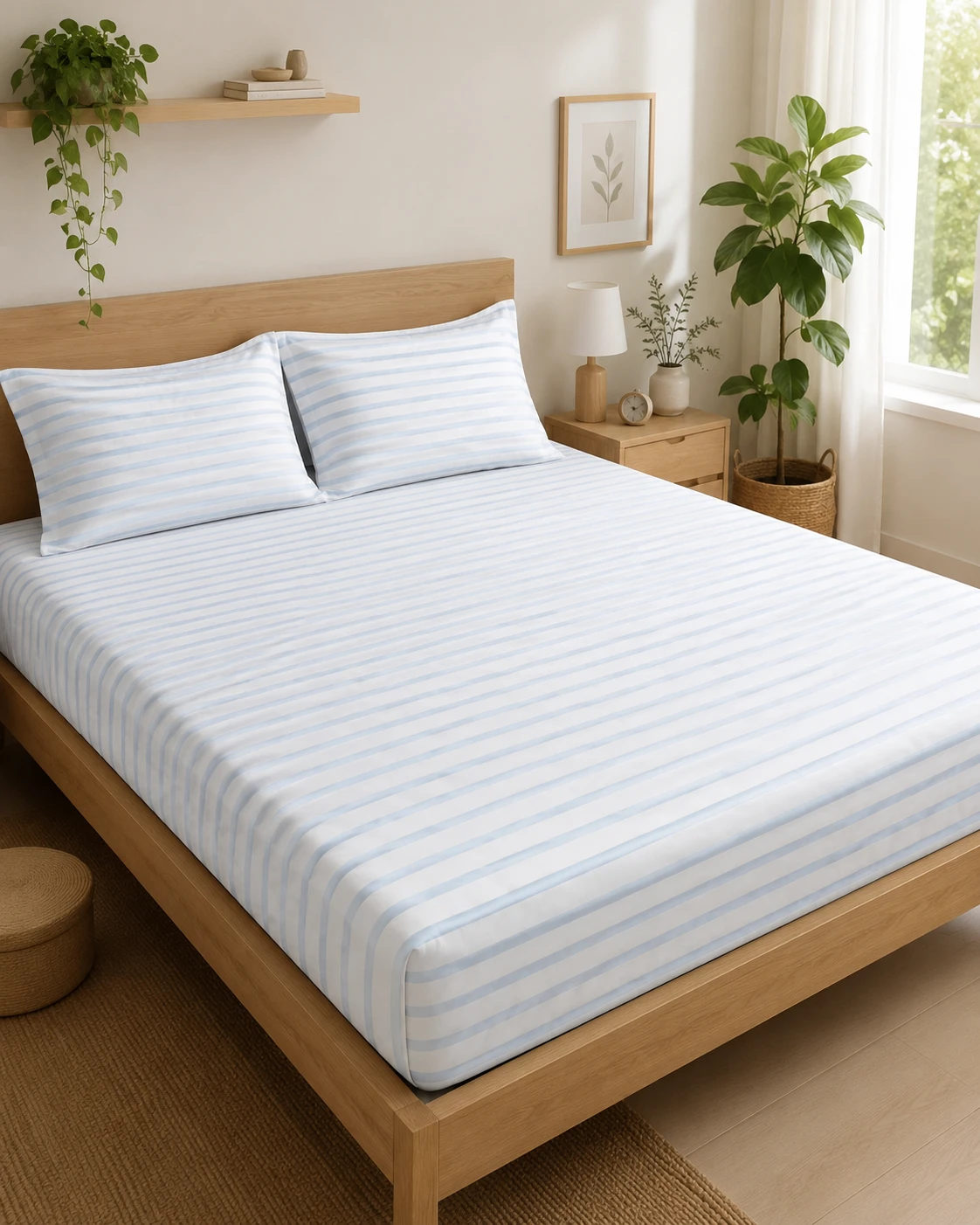 Blue Striped Bedsheet Set with Pillow Covers