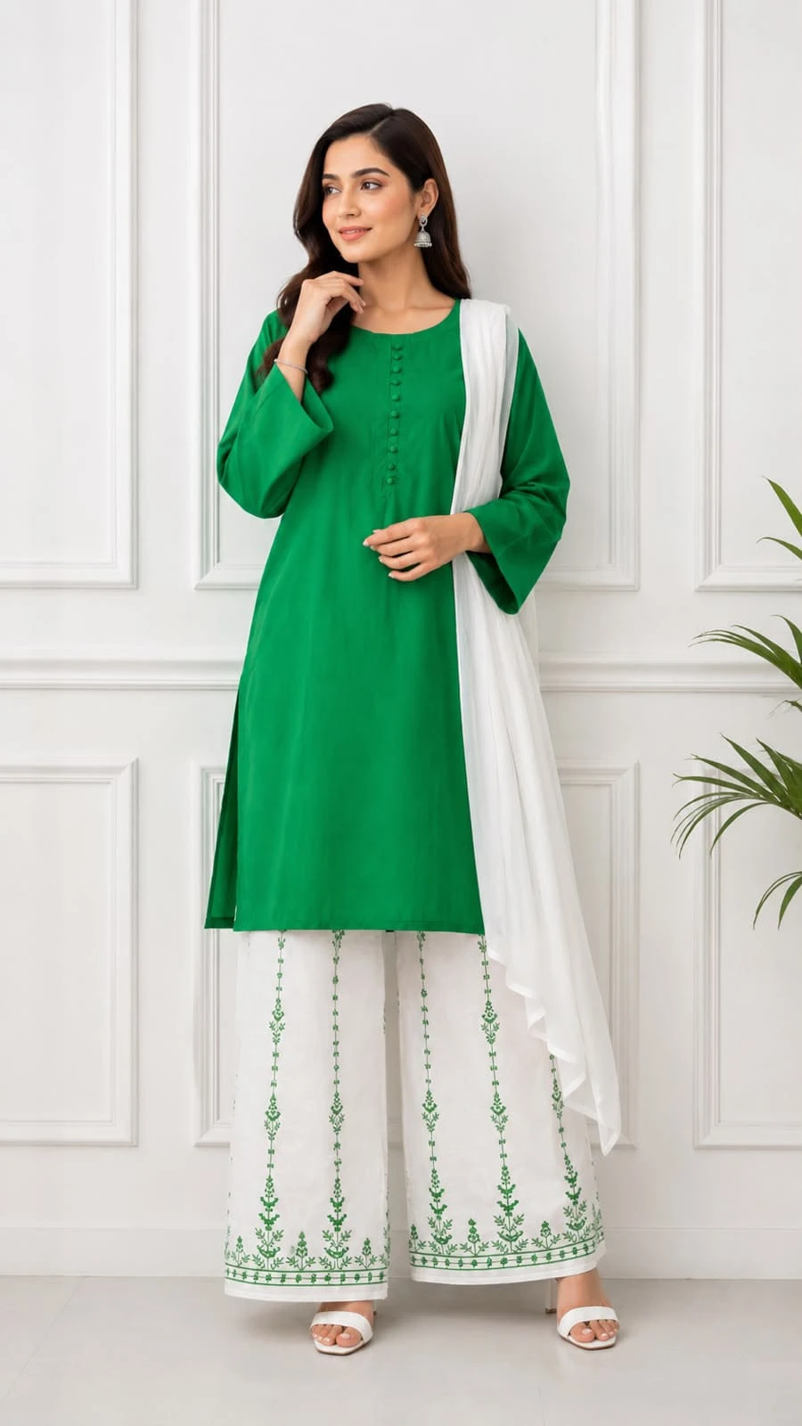 14 August Pakistan Independence Day Green & White 3 Piece Lawn Suit with Embroidered Palazzo & Dupatta