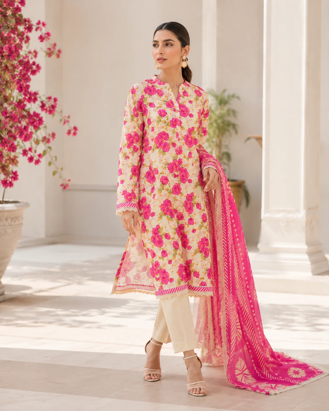 Khulda Cream Pink Floral 3-Piece Suit with Printed Dupatta