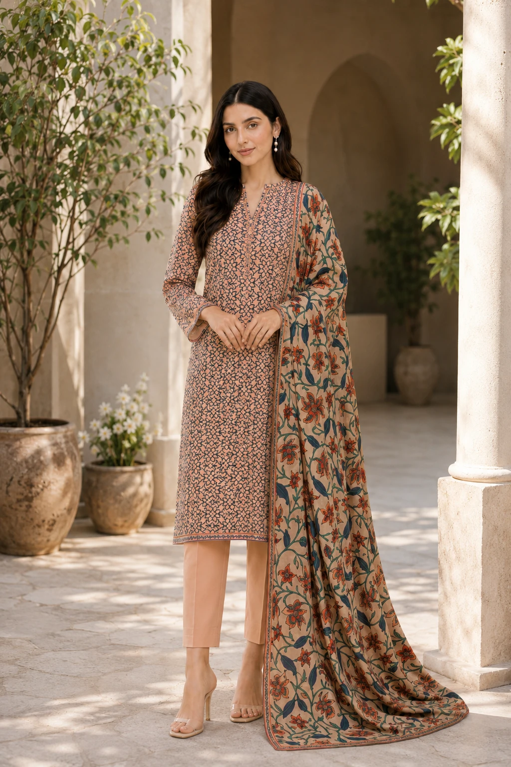 Peach Printed Lawn 3 Piece Unstitched Suit with Floral Dupatta | Elegant Women's Collection