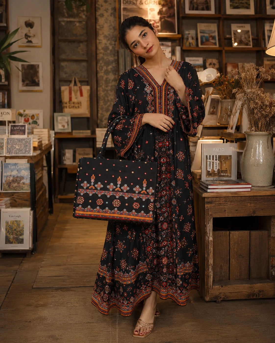 Black Ethnic Printed Handbag – Stylish Traditional Tote Bag