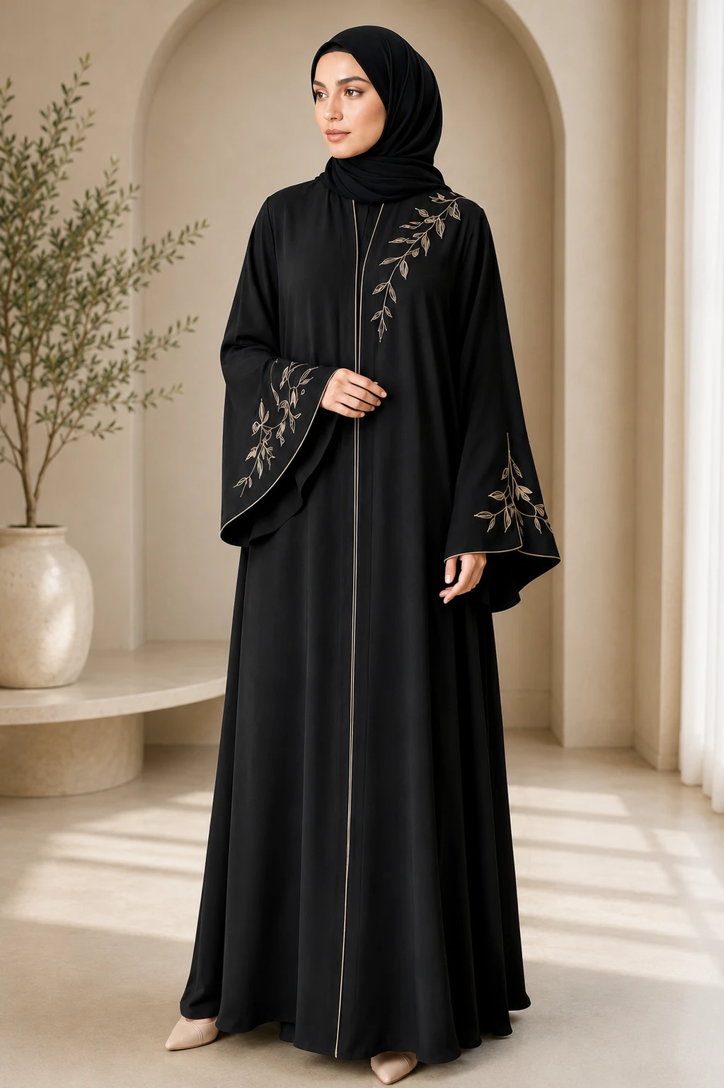 Black Embroidered Open Abaya with Gold Floral Design | Premium Modest Wear
