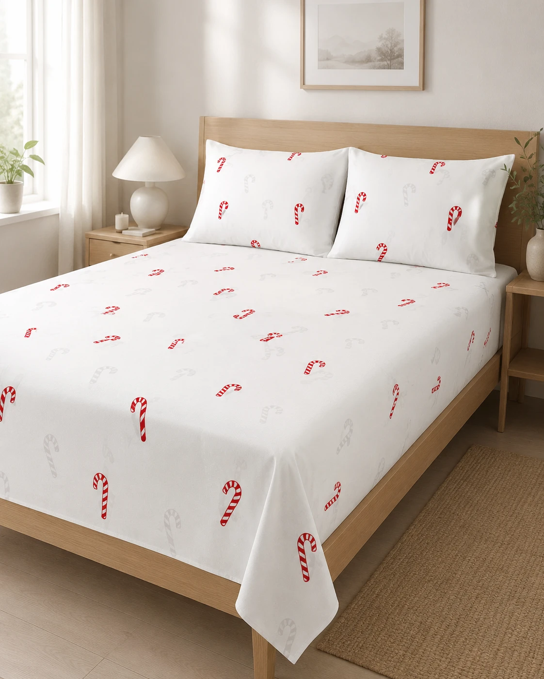 Candy Cane Printed Bedsheet Set with Pillow Covers