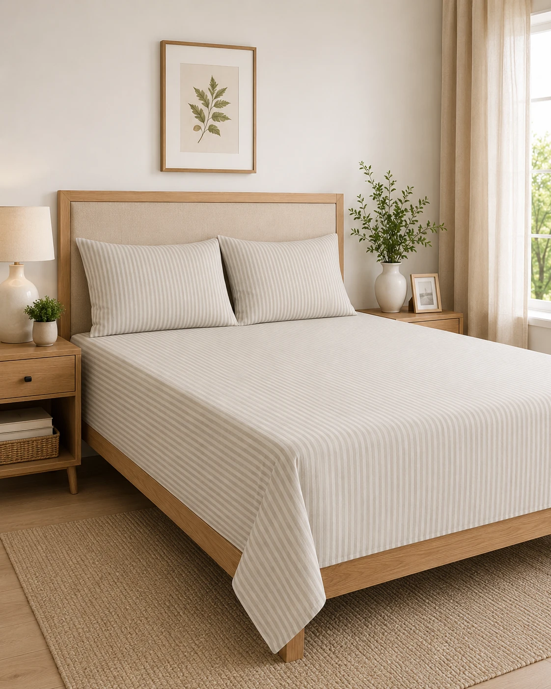 Beige Striped Bedsheet Set with Pillow Covers