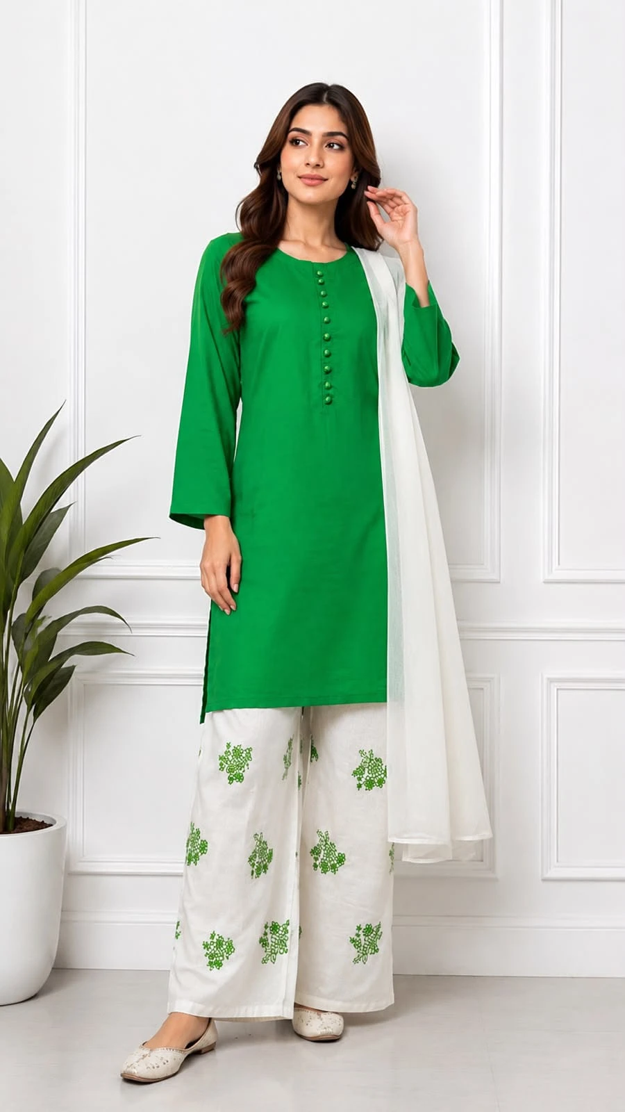 Green 3 Piece Lawn Suit for Women – Embroidered Trouser & White Dupatta | Khulda Fashion