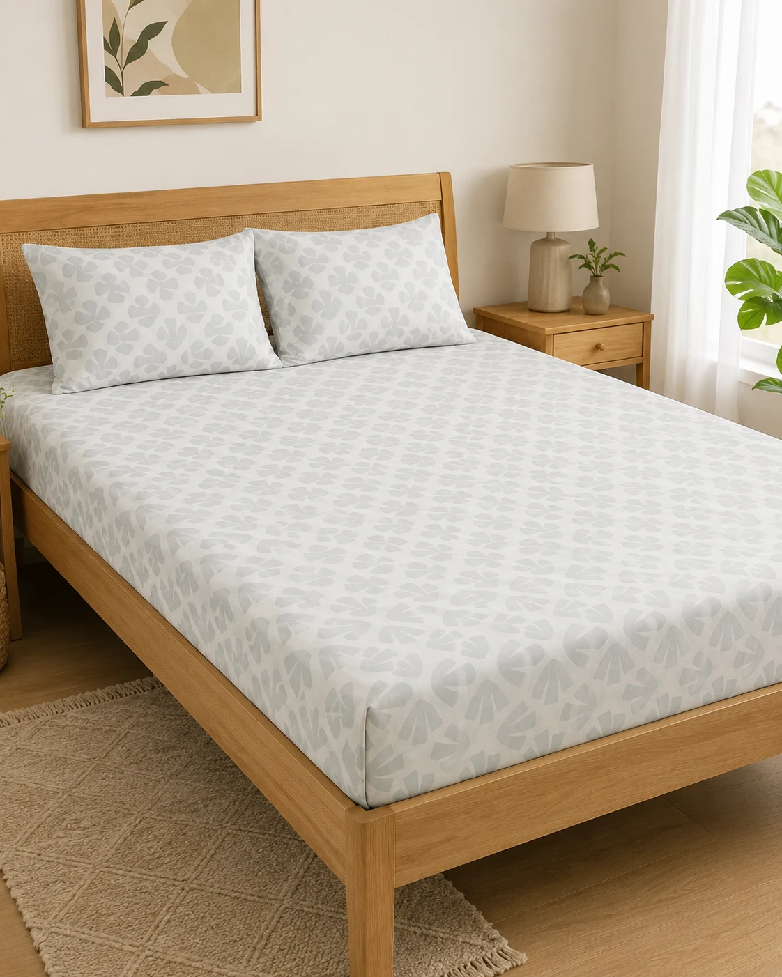 Grey Abstract Leaf Print Bedsheet Set with Pillow Covers