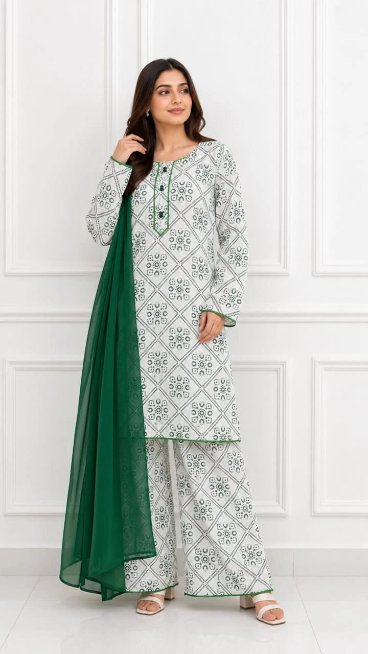Green & White Printed Kurta Set for 14 August