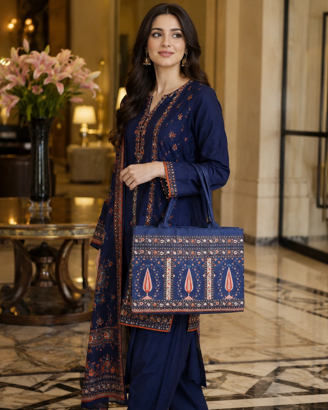 Navy Blue Ethnic Printed Tote Handbag for Women
