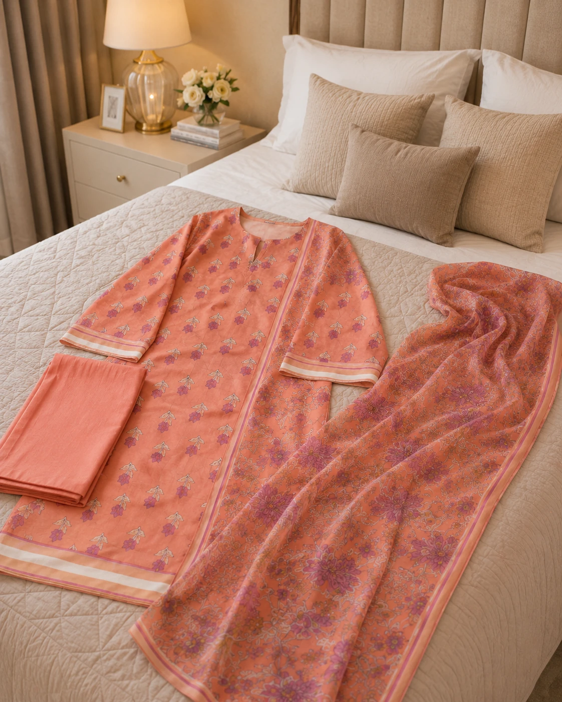 Khulda Peach Floral 3 Piece Printed Lawn Suit