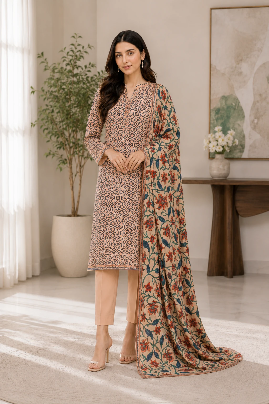 Peach Printed Lawn 3 Piece Unstitched Suit with Floral Dupatta | Elegant Women's Collection