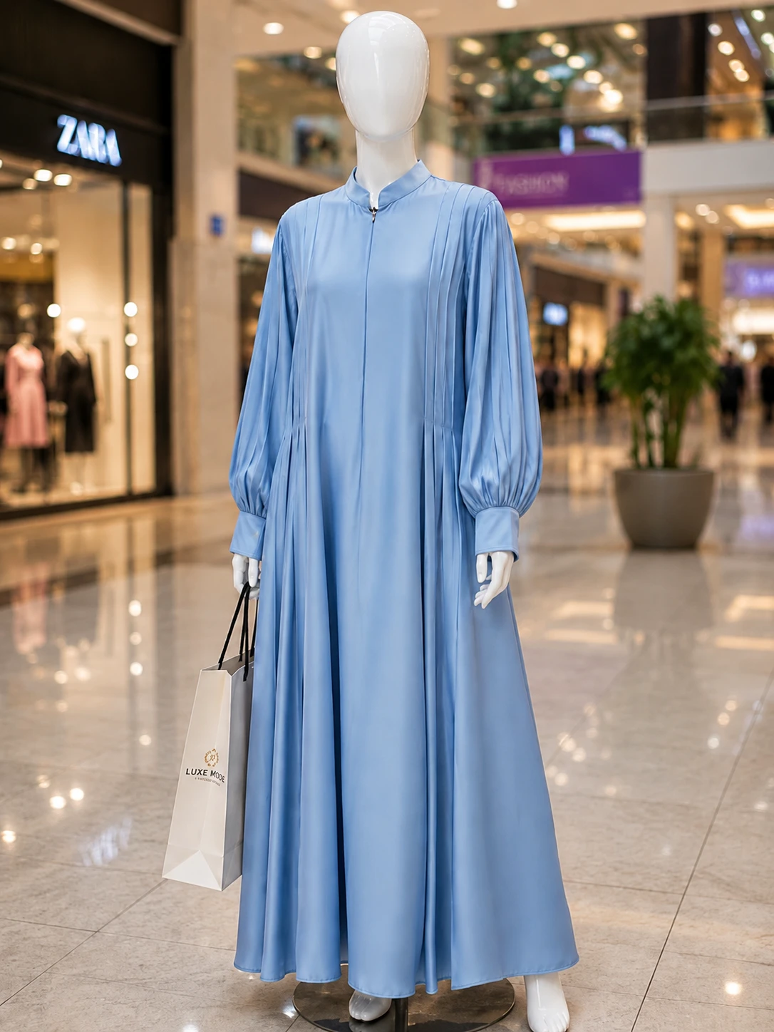 Sky Blue Pleated Front-Zip Abaya for Women