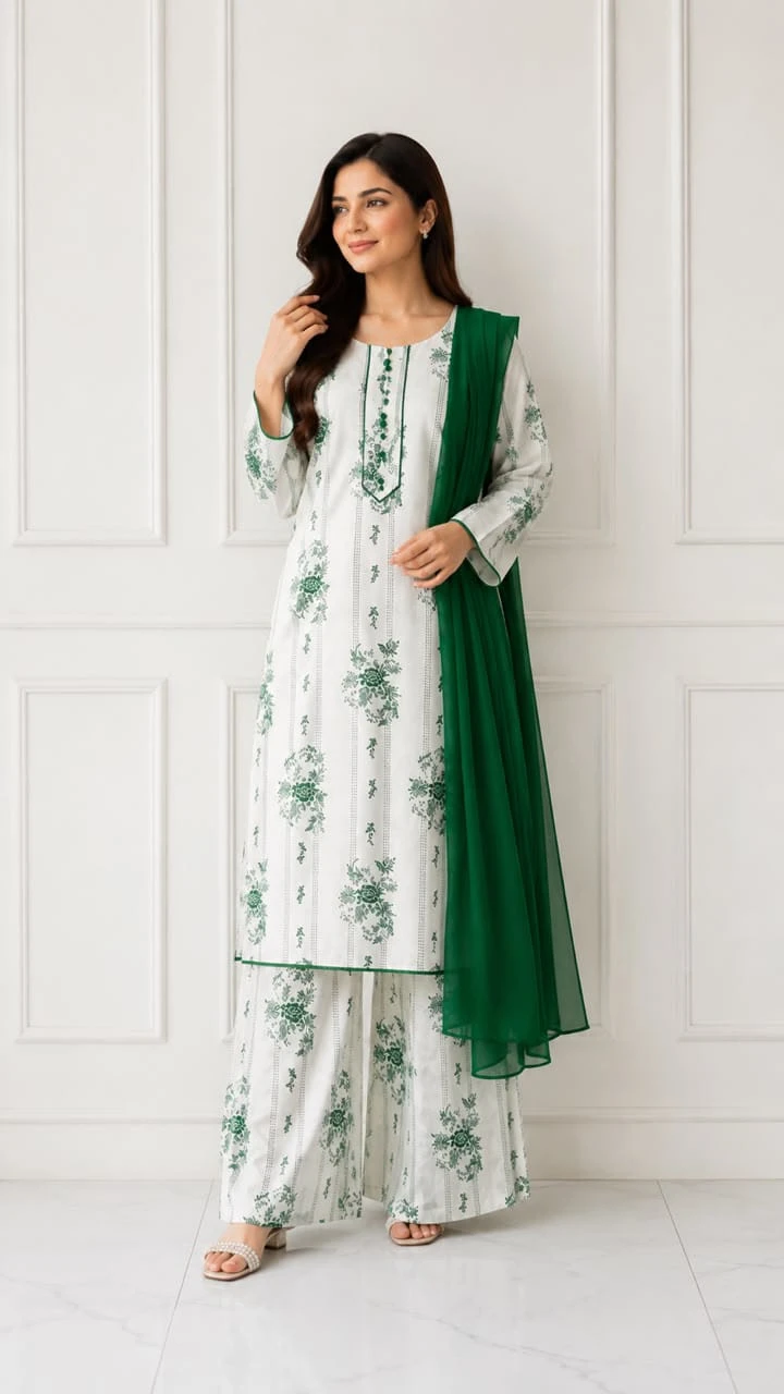 Green Floral Kurta Set for 14 August Independence Day