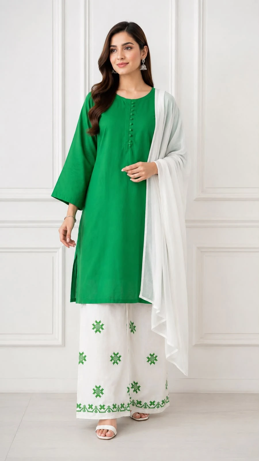 14 August Pakistan Independence Day Green & White 3 Piece Lawn Suit for Women