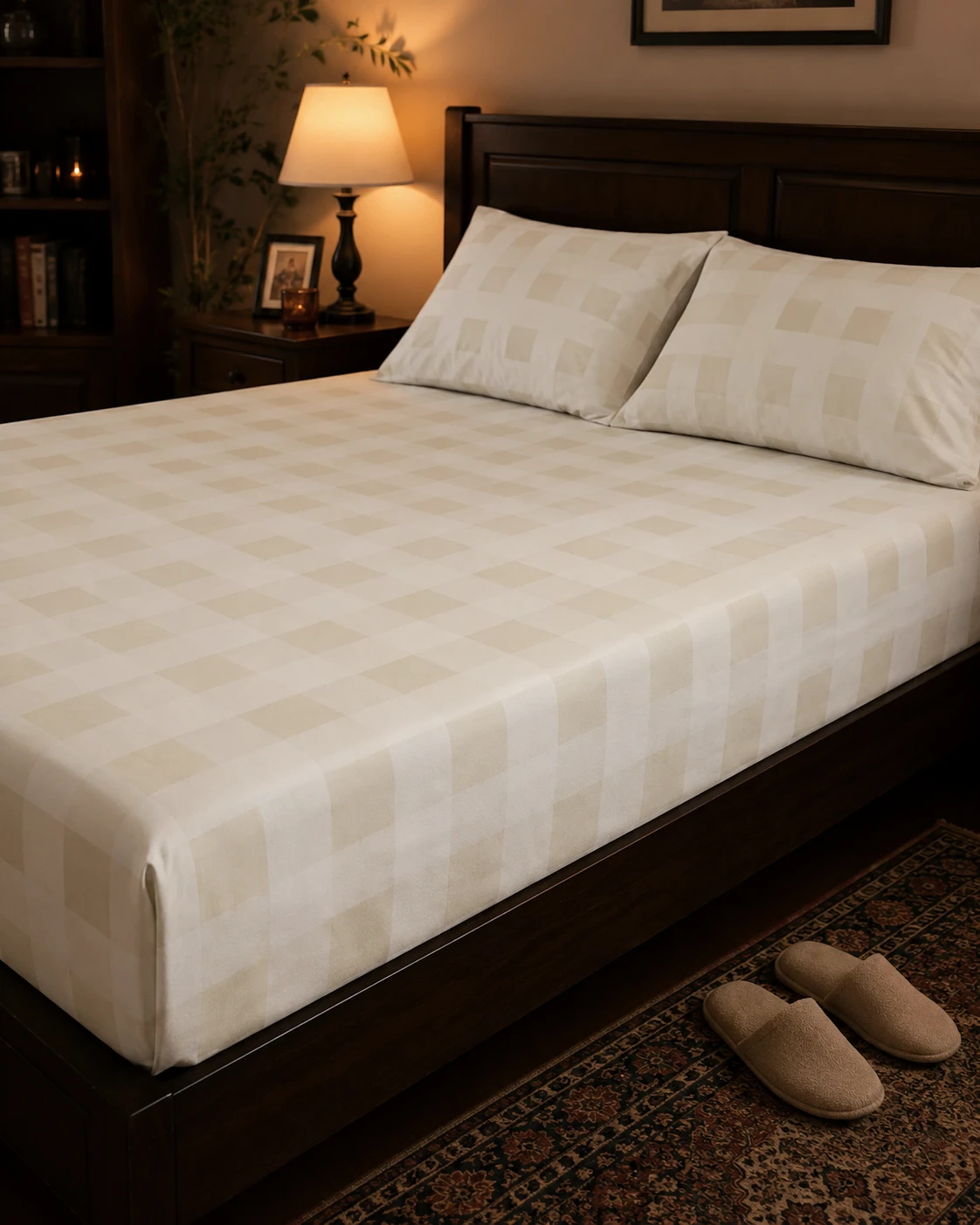 Beige Checkered Bedsheet Set with Pillow Covers